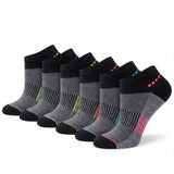 Set of eight pairs of socks with varying color patterns on a white background