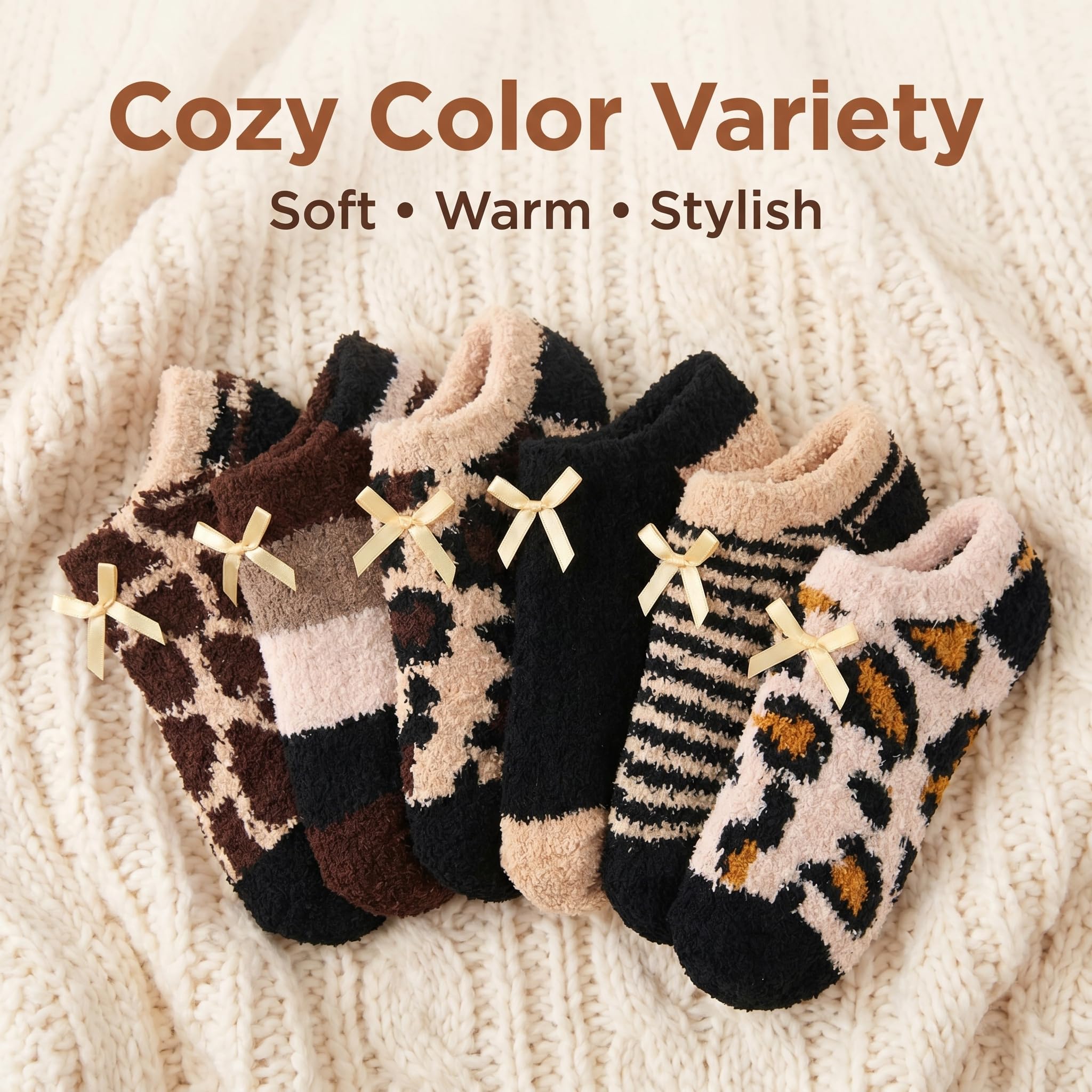 Set of patterned socks with bows on a textured fabric background, labeled 'Cozy Color Variety'.