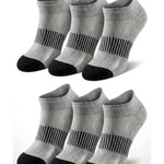 Set of six pairs of gray ankle socks with black stripes and toes on a white background
