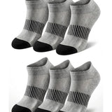 Set of six pairs of gray ankle socks with black stripes and toes on a white background