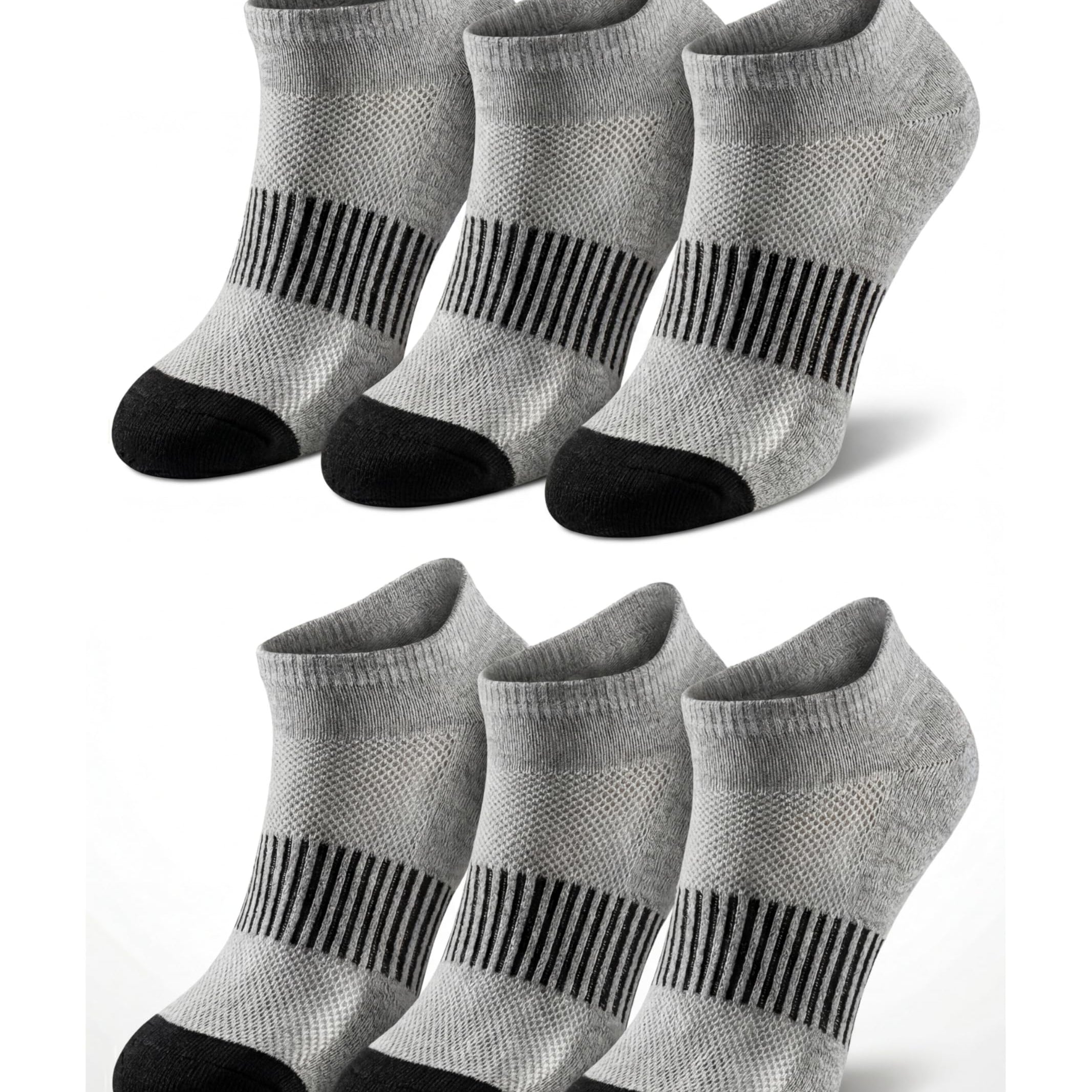 Set of six pairs of gray ankle socks with black stripes and toes on a white background