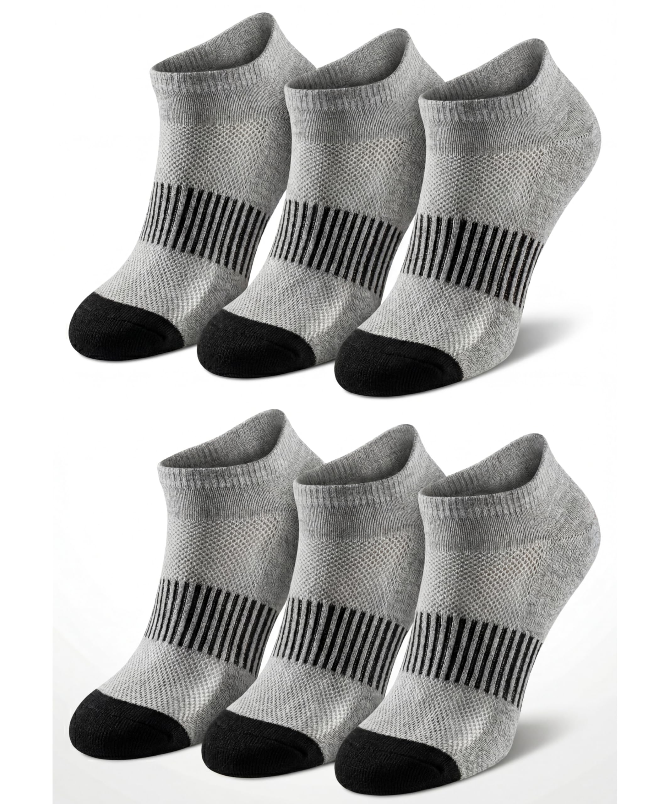 Set of six pairs of gray ankle socks with black stripes and toes on a white background