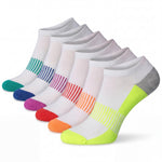 Set of six pairs of socks with colorful striped patterns on a white background