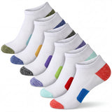 Set of six pairs of socks with multicolored toes and heels on a white background