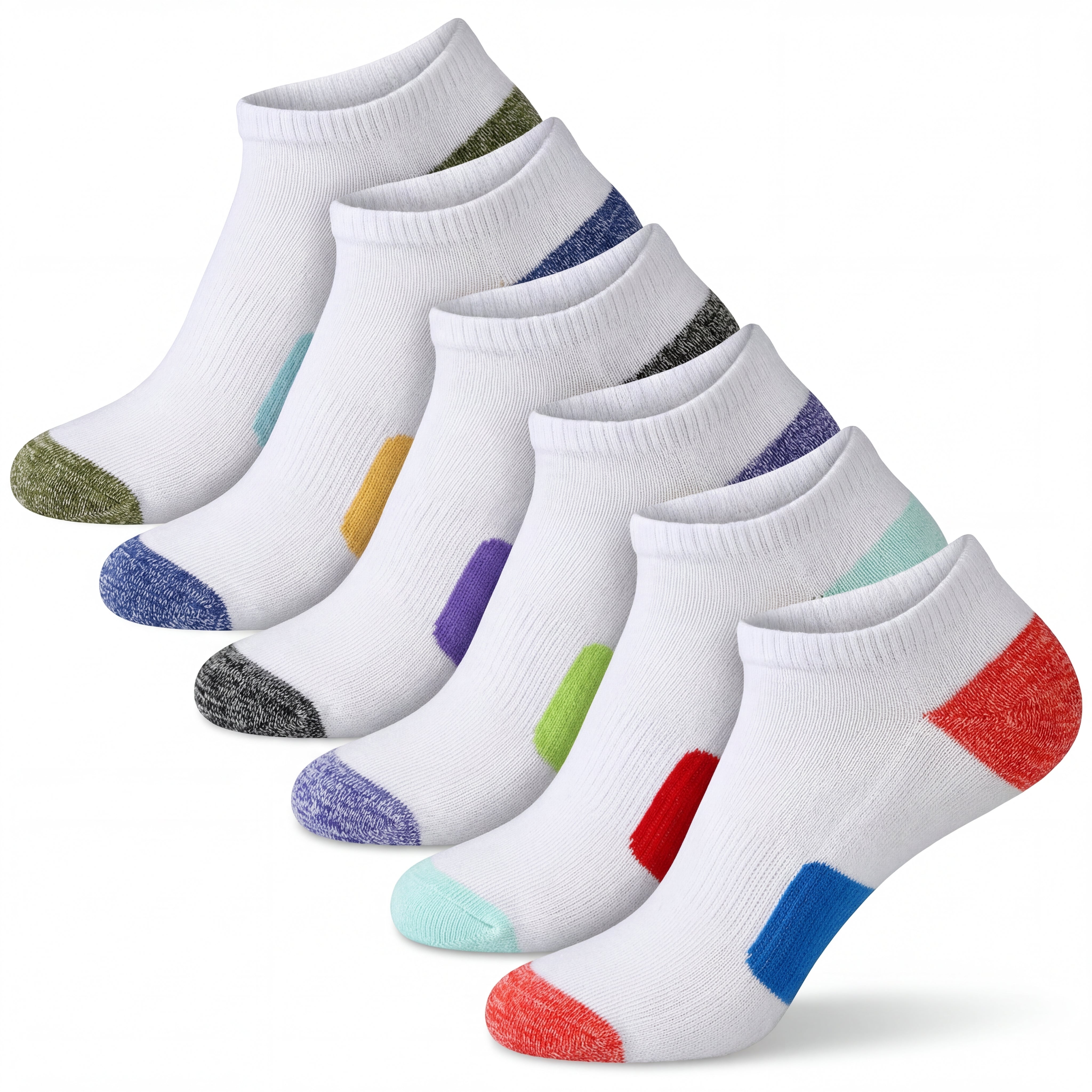 Set of six pairs of socks with multicolored toes and heels on a white background