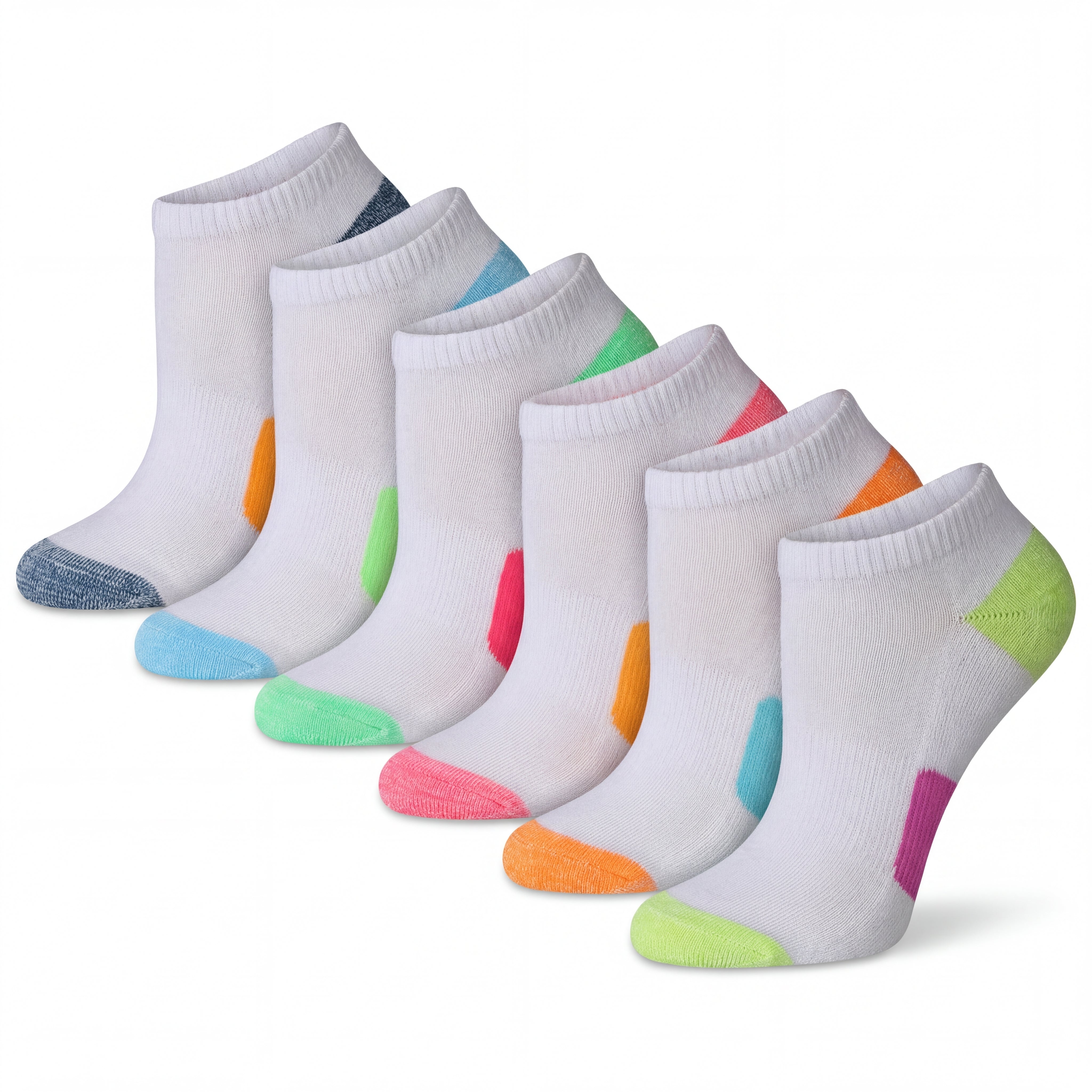 Set of six pairs of white ankle socks with colorful toes and heels on a white background