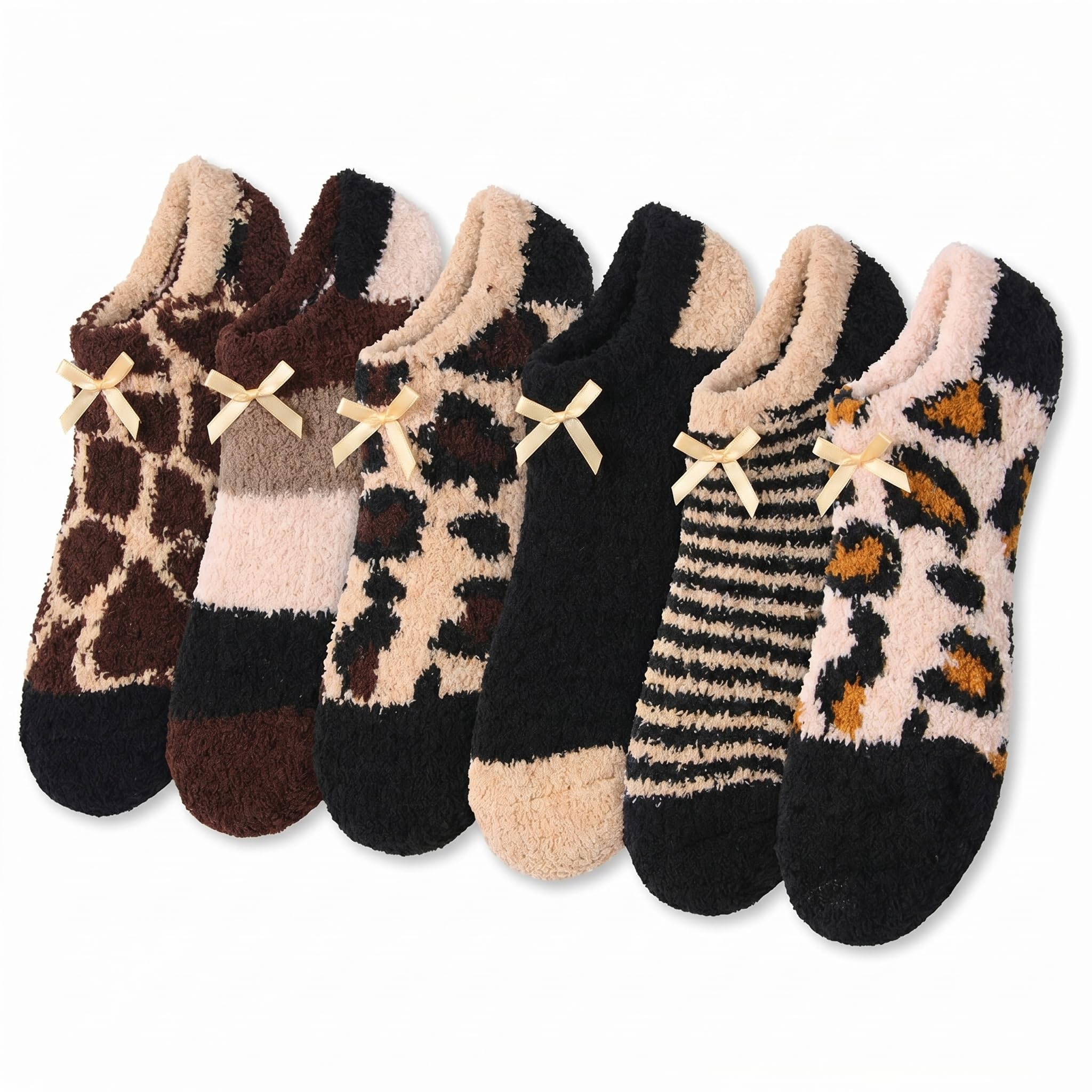 Set of six patterned socks with bows on a white background