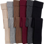Set of six ribbed knit leg warmers in beige, gray, brown, red, black, and navy on a white background.