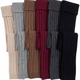 Set of six ribbed knit leg warmers in beige, gray, brown, red, black, and navy on a white background.