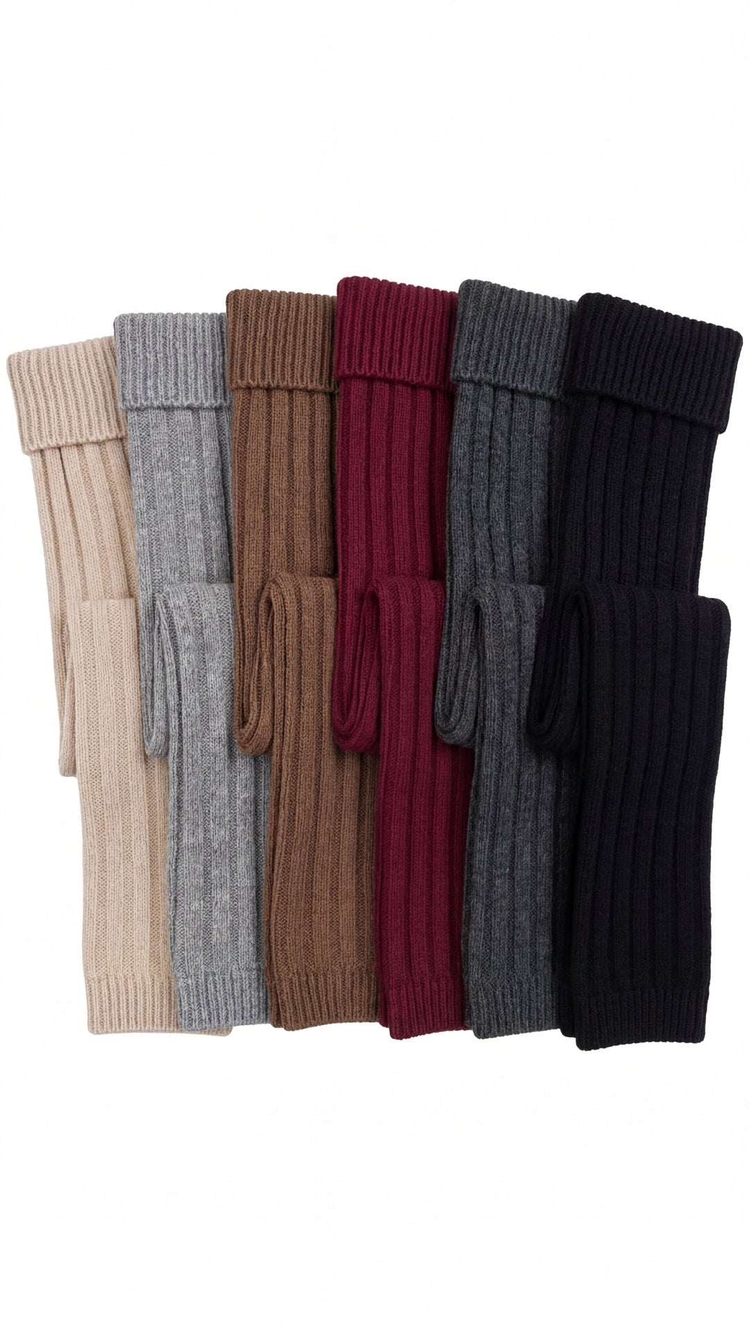 Set of six ribbed knit leg warmers in beige, gray, brown, red, black, and navy on a white background.