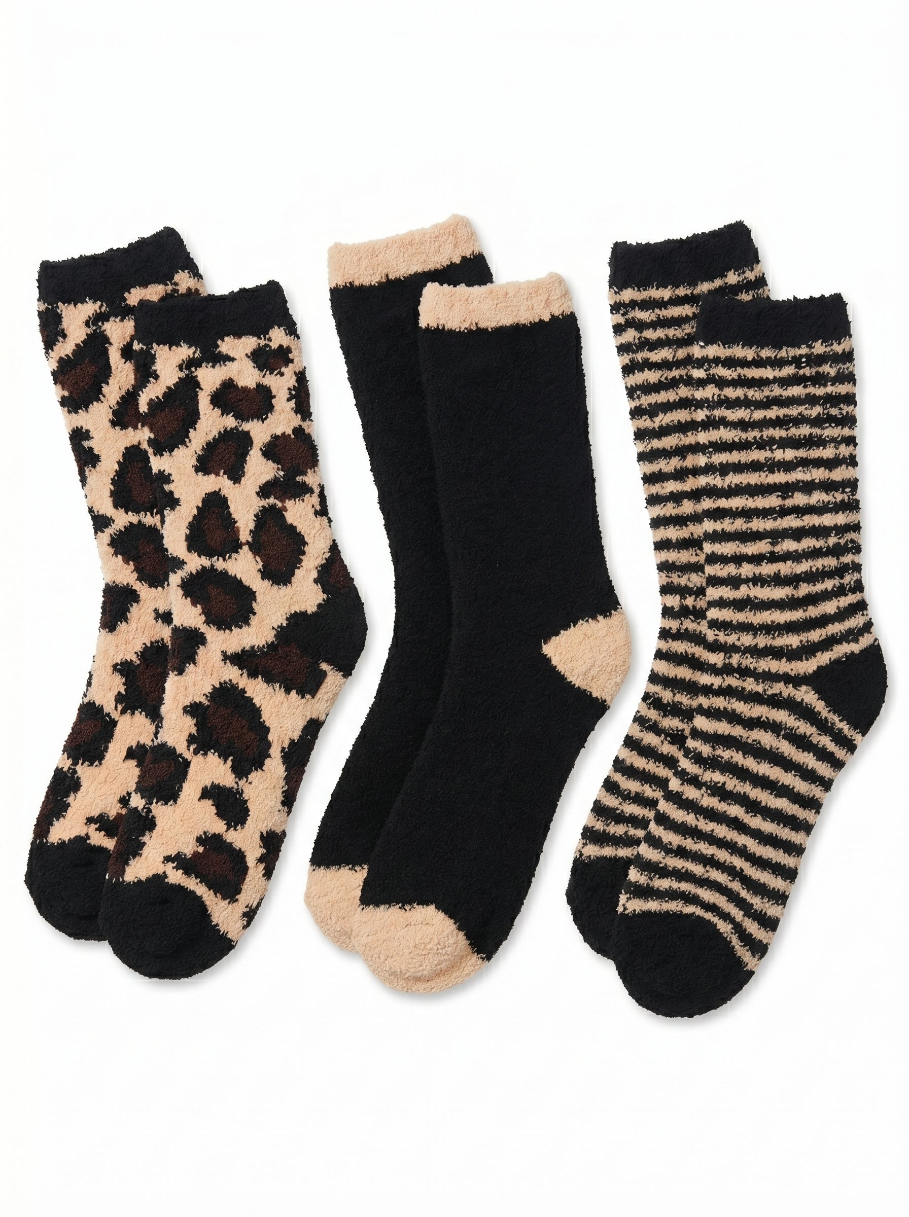 Set of three pairs of socks with leopard print, black and beige, and striped patterns on a white background.