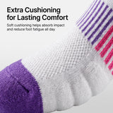 A close-up of a white athletic sock with purple toe and heel sections, purple and pink striped ribbing at the cuff, and promotional text reading 'Extra Cushioning for Lasting Comfort' on a light gray background.