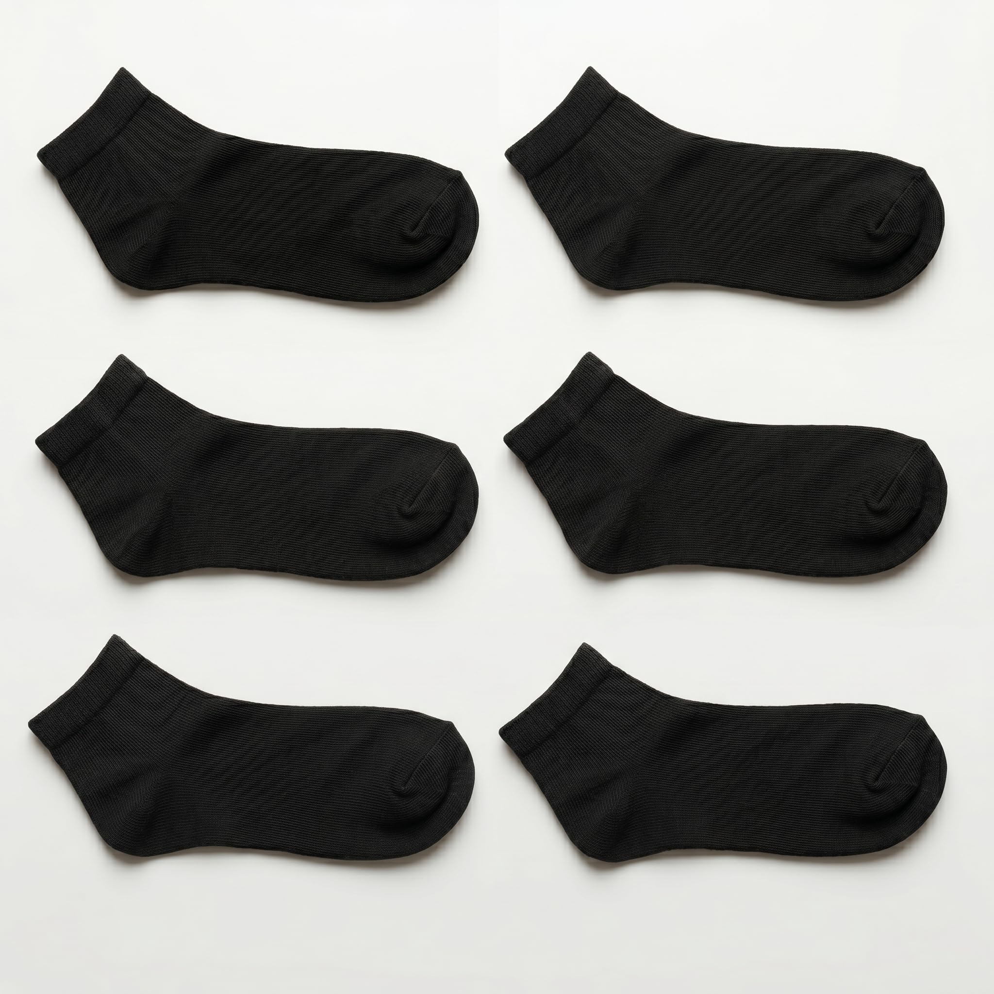 Six black ankle socks arranged in two columns of three on a plain white background.
