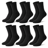 Twelve pairs of black crew socks arranged in two rows of six on a plain white background.