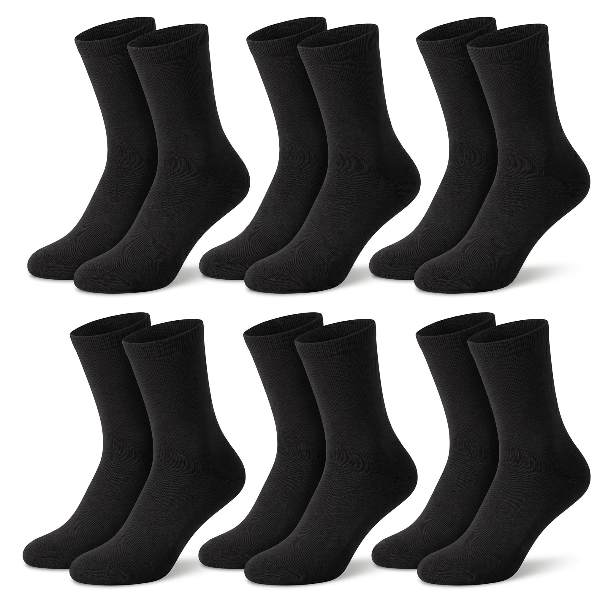 Twelve pairs of black crew socks arranged in two rows of six on a plain white background.