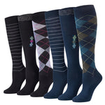 Six knee-high dress socks arranged in a row on a white background, featuring different patterns including stripes, argyle, and solid dark blue/navy tones.