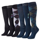 Six knee-high dress socks arranged in a row on a white background, featuring different patterns including stripes, argyle, and solid dark blue/navy tones.