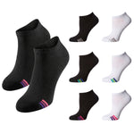 Six low-cut ankle socks arranged on a white background, including four black socks and two white socks, each with three colored stripes near the toe.