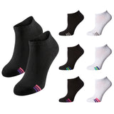 Six low-cut ankle socks arranged on a white background, including four black socks and two white socks, each with three colored stripes near the toe.