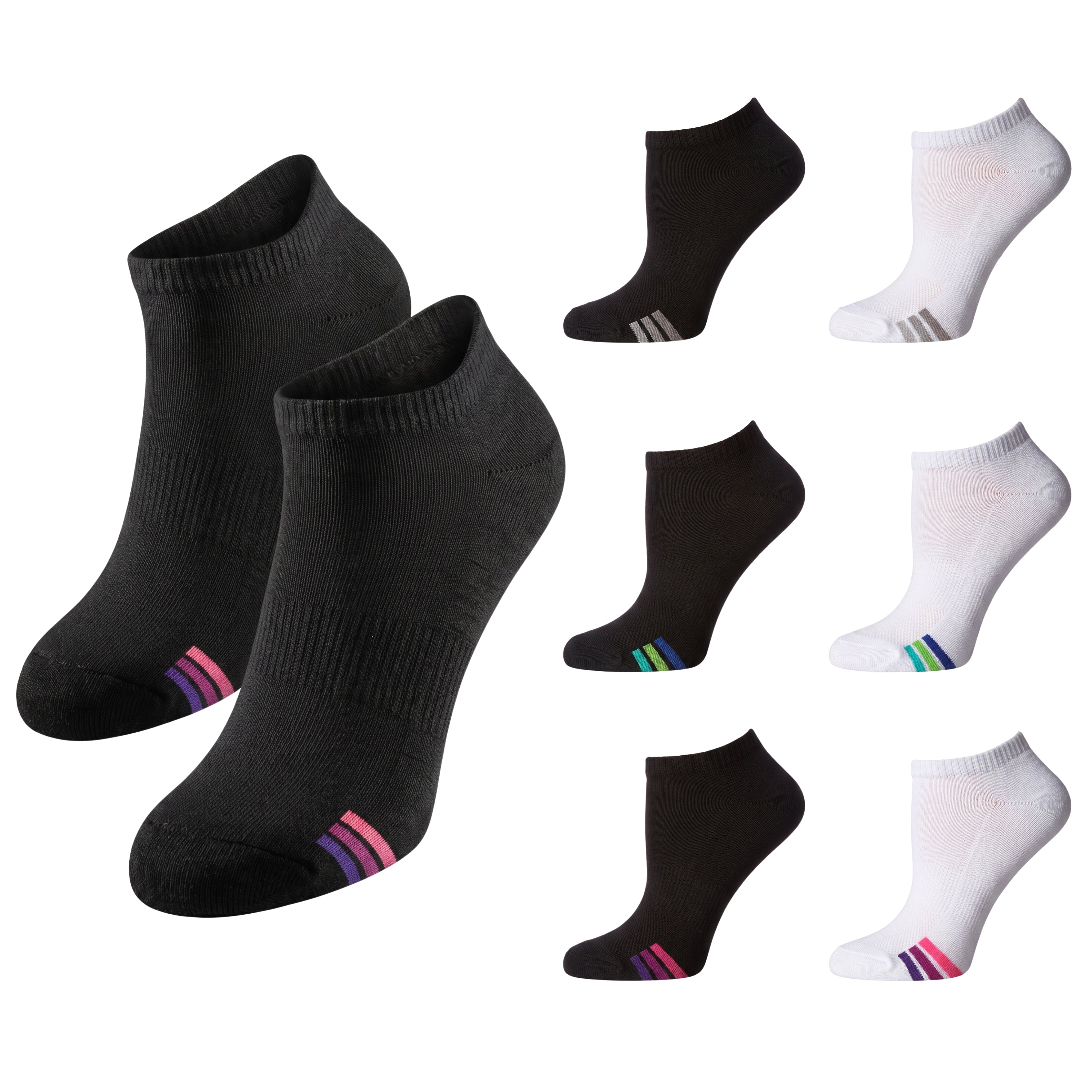 Six low-cut ankle socks arranged on a white background, including four black socks and two white socks, each with three colored stripes near the toe.