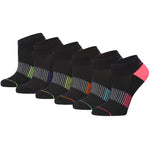 Six low-cut athletic socks arranged in a fan shape on a white background. The socks are primarily black with various colored stripe patterns and a bright pink heel accent.