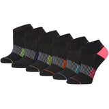 Six low-cut athletic socks arranged in a fan shape on a white background. The socks are primarily black with various colored stripe patterns and a bright pink heel accent.