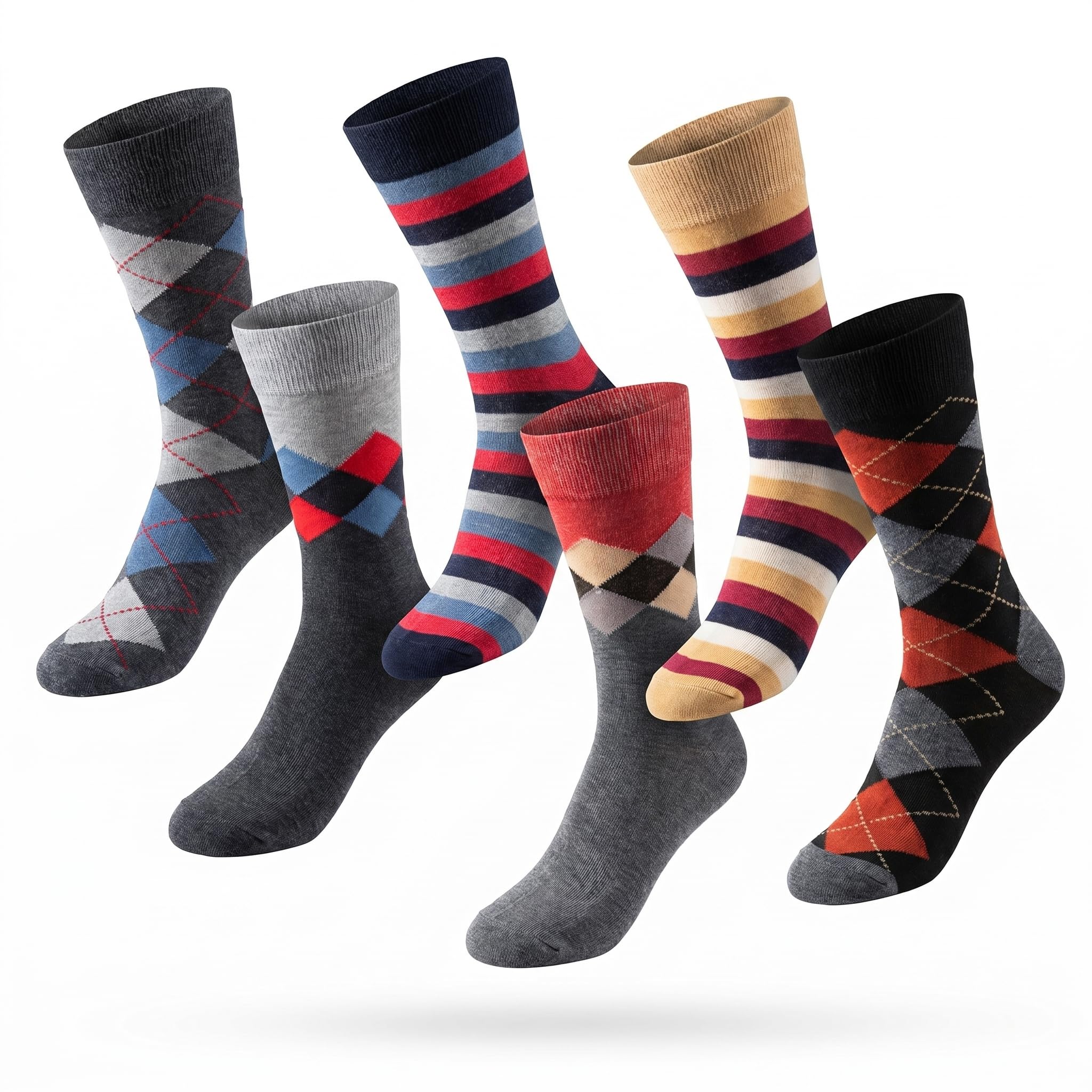 Six men's dress socks in various colors and patterns, including argyle and striped designs, floating against a solid white background.