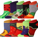 Six pairs of ankle socks with colorful fruit and vegetable patterns, arranged in two rows of three on a plain white background.