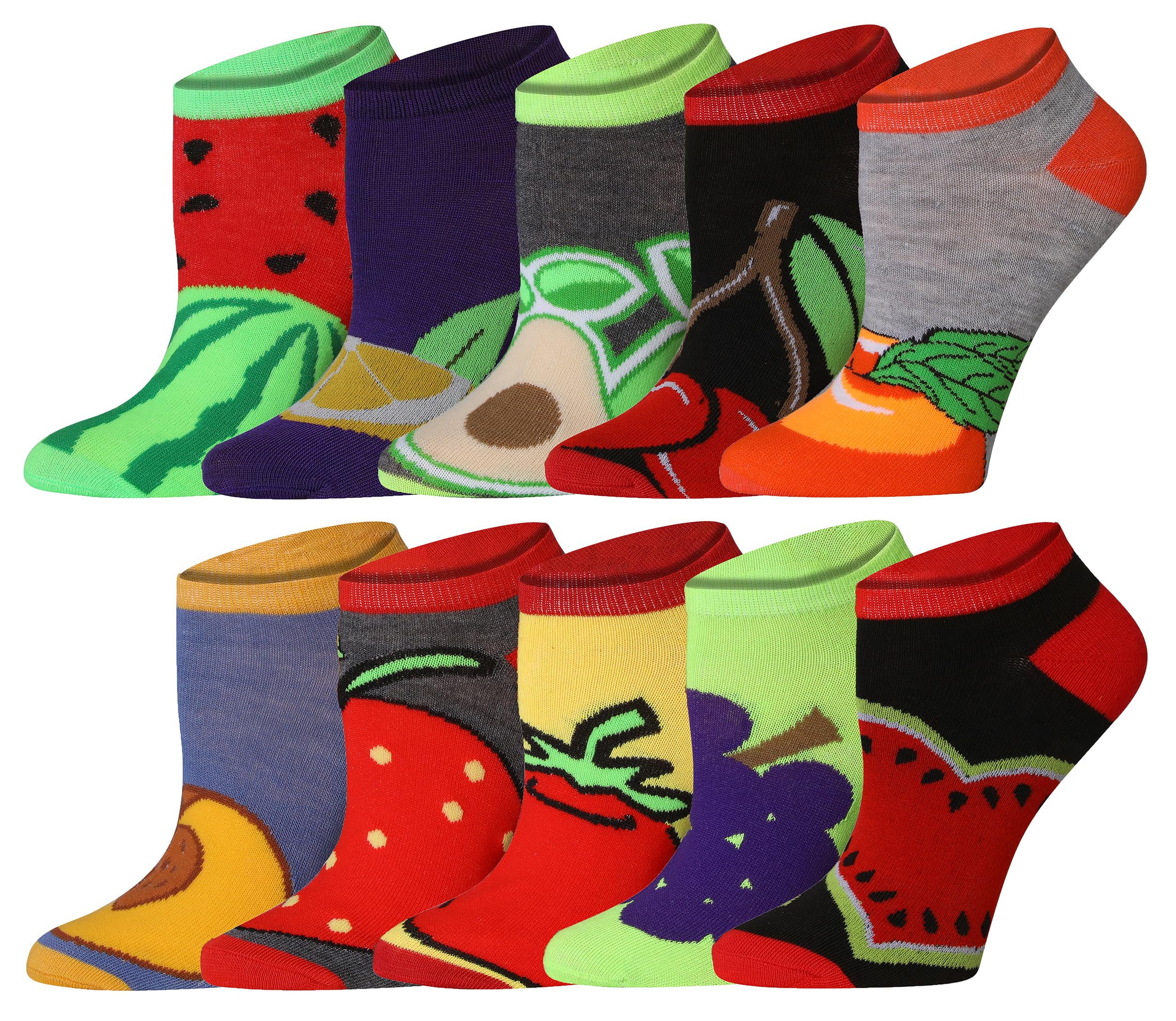 Six pairs of ankle socks with colorful fruit and vegetable patterns, arranged in two rows of three on a plain white background.
