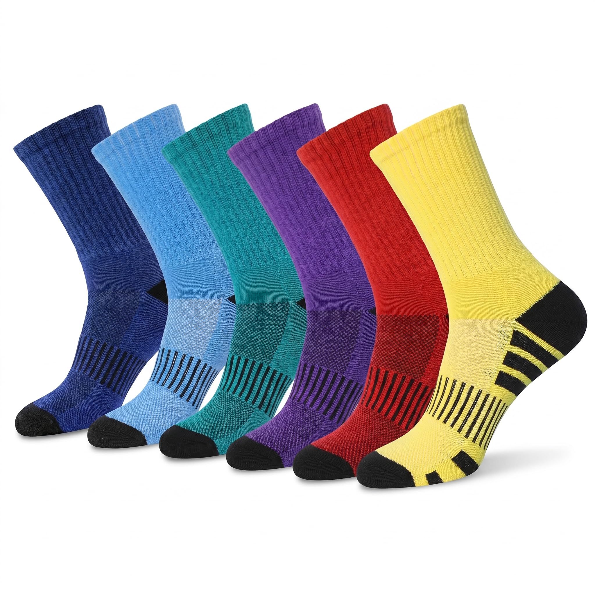 Six pairs of athletic crew socks in different colors (dark blue, light blue, teal, purple, red, and yellow) arranged in a fan shape on a white background.