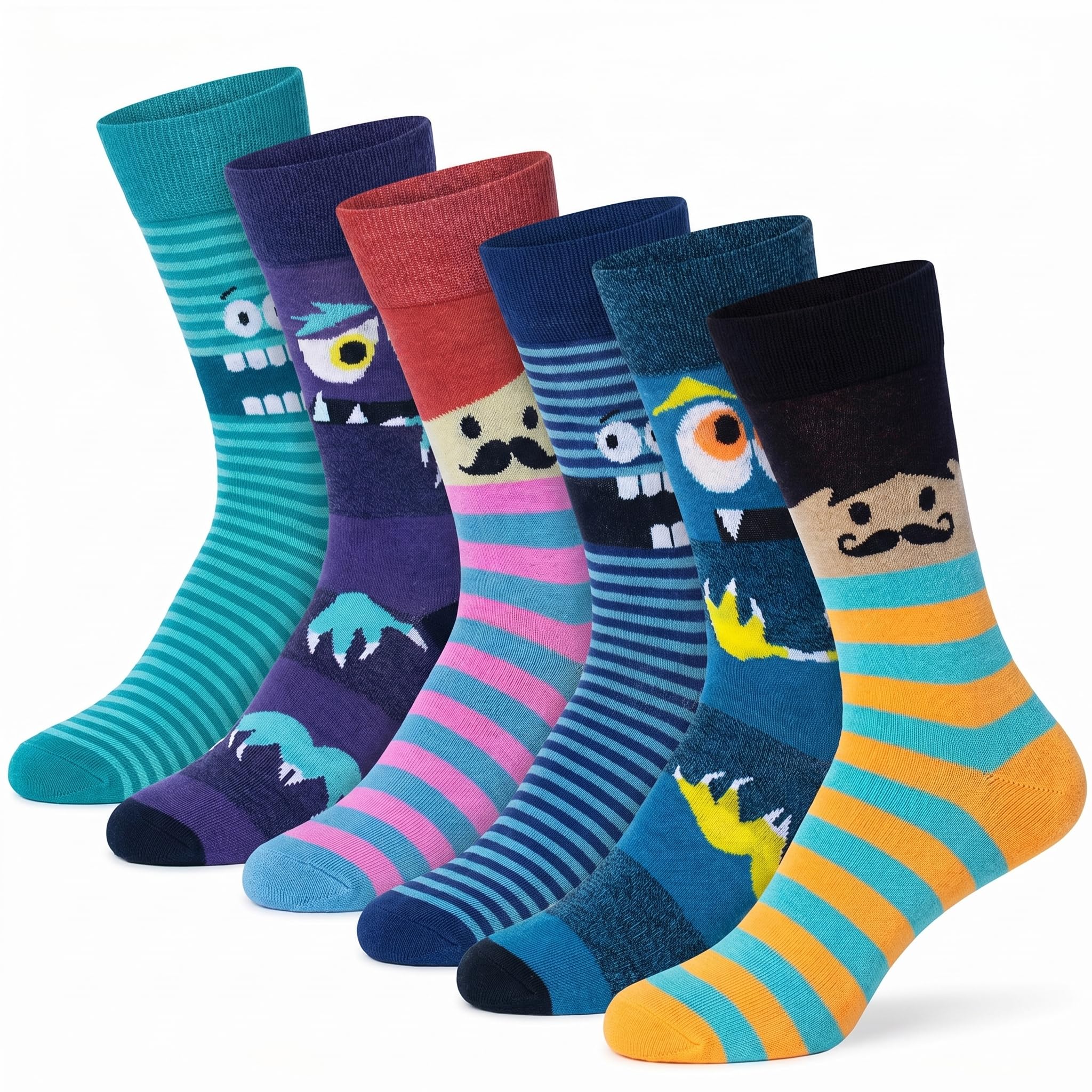 Six pairs of cartoon monster crew socks in various colors and patterns, arranged in a fan shape on a white background.
