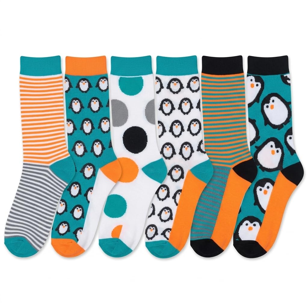 Six pairs of children's socks arranged side by side on a white background. The socks feature various patterns including penguins, stripes, and polka dots in teal, orange, white, gray, and black.