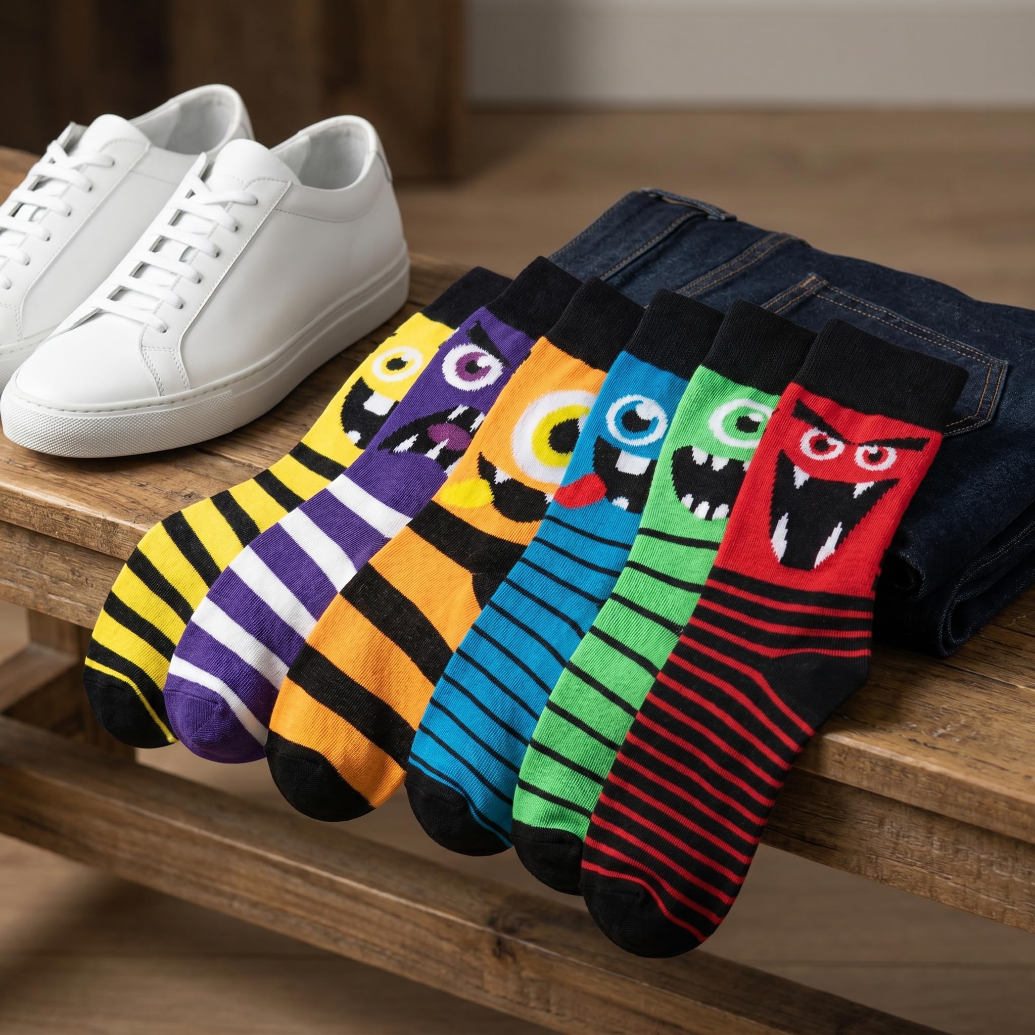 Six pairs of colorful monster-patterned crew socks arranged on a wooden bench next to folded dark blue jeans and a pair of white sneakers.