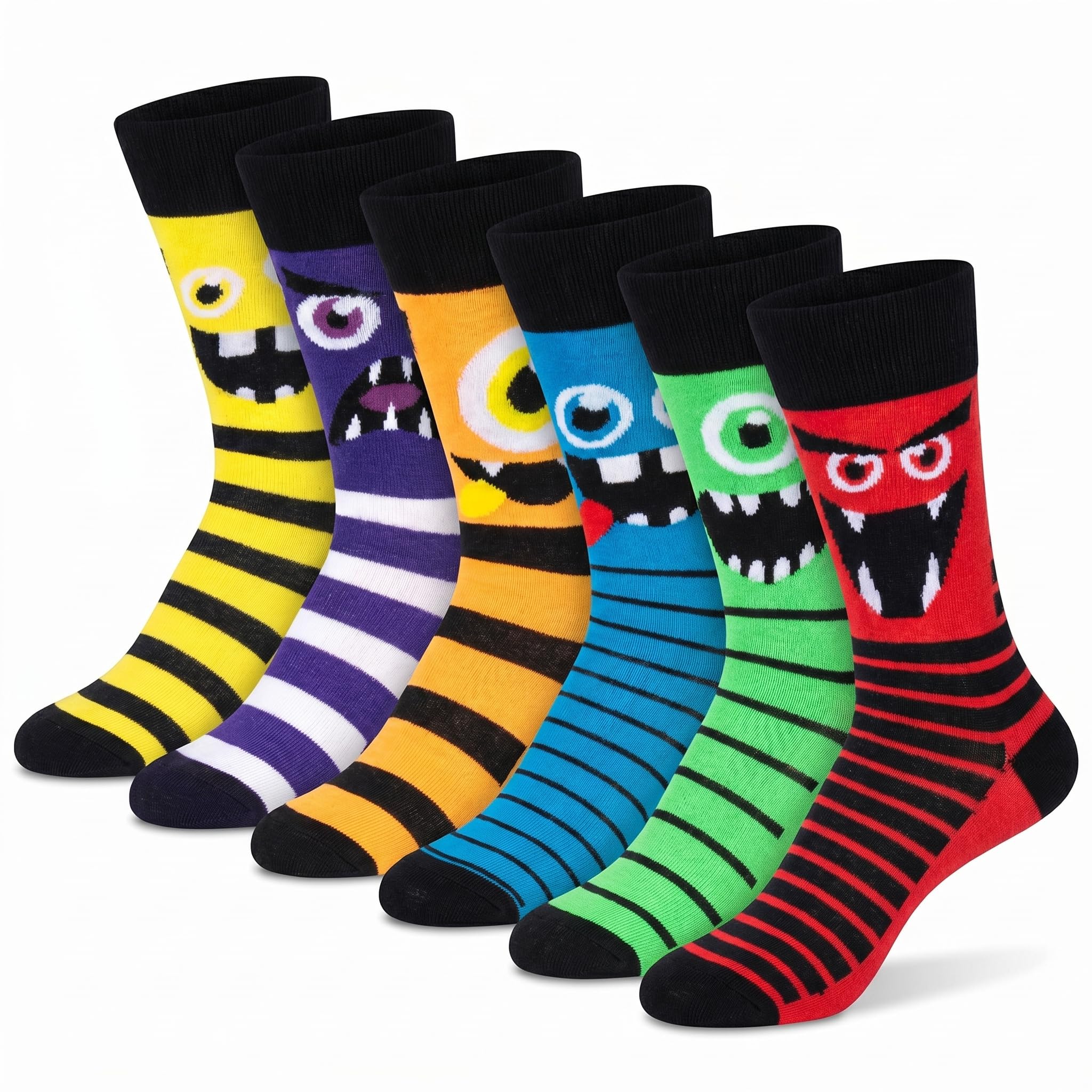 Six pairs of colorful monster-themed crew socks arranged in a fan shape on a white background. The socks feature different bright colors with black stripes and cartoon monster faces.