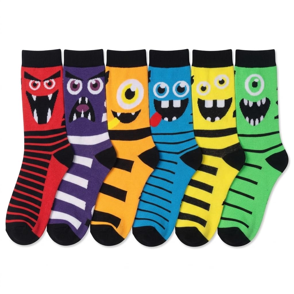 Six pairs of colorful monster-themed crew socks arranged side by side on a plain white background. The socks feature different cartoon monster faces in red, purple, orange, blue, yellow, and green, with black striped and solid pattern details.