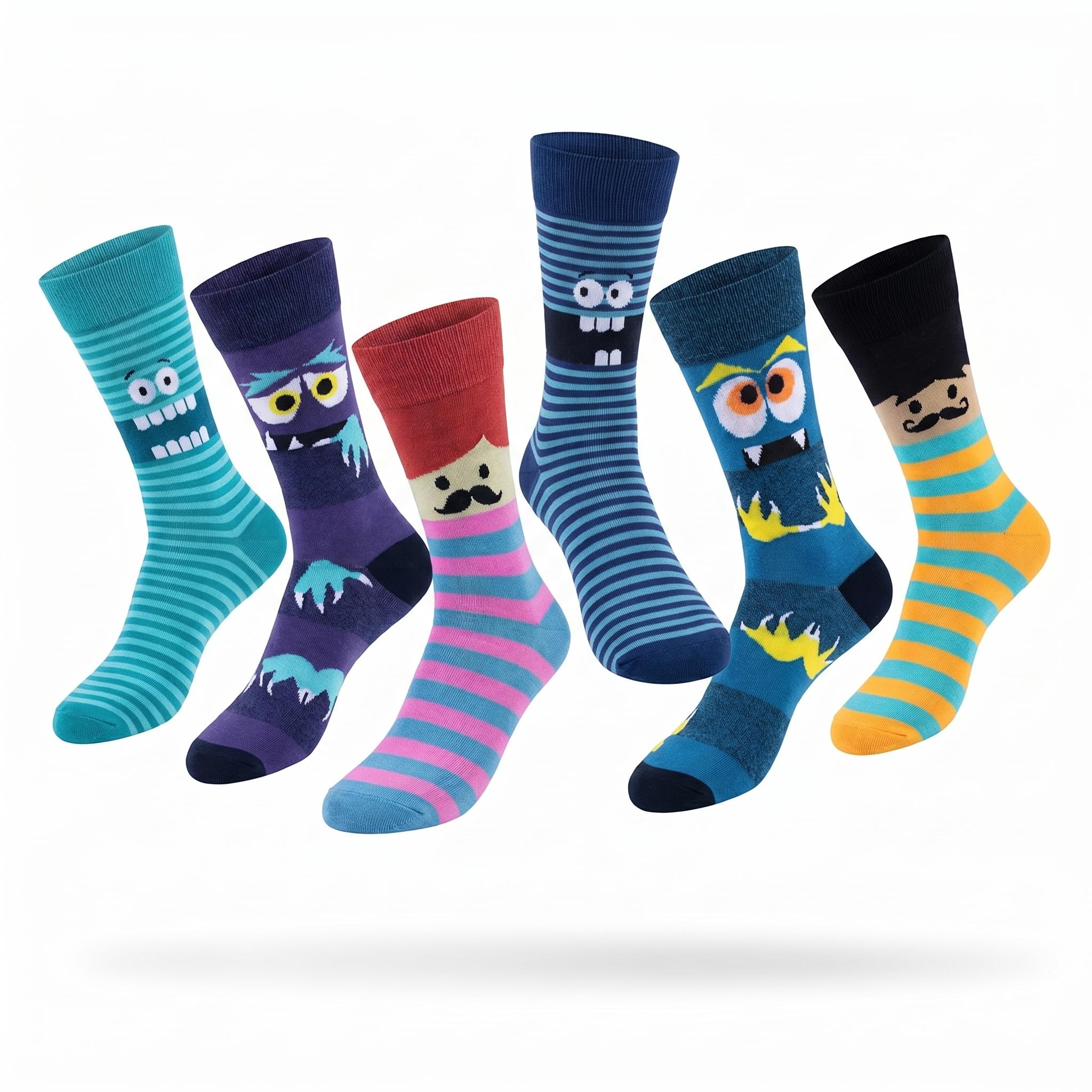 Six pairs of colorful striped socks with cartoon monster faces, shown floating against a white background.
