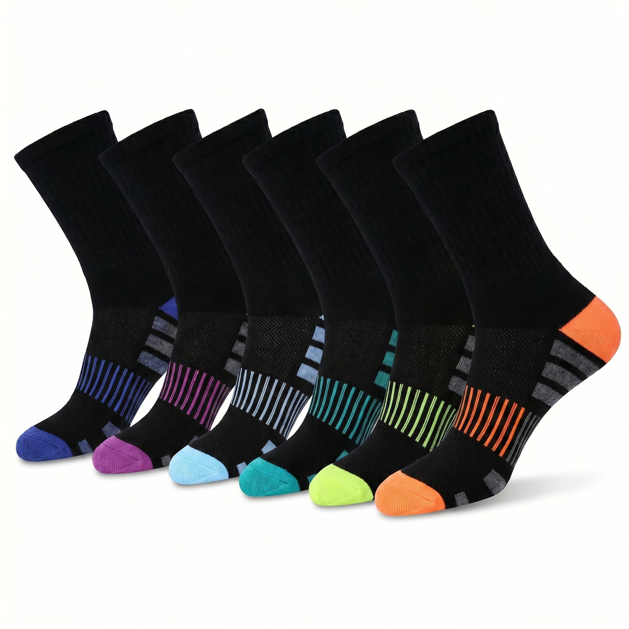 Six pairs of crew socks arranged in a fan shape on a white background. Each pair has a black body with a different colored toe and heel accent, including blue, purple, light blue, teal, lime green, and orange.