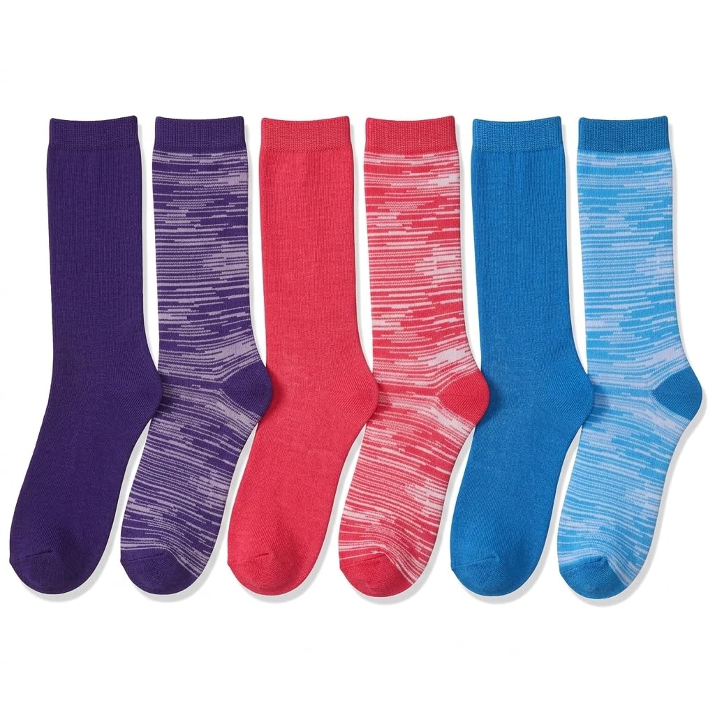 Six pairs of crew socks arranged side by side on a white background, featuring solid and marbled color designs in purple, dark purple, coral red, pinkish red, bright blue, and light blue.