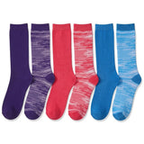 Six pairs of crew socks arranged side by side on a white background, featuring solid and marbled color designs in purple, dark purple, coral red, pinkish red, bright blue, and light blue.