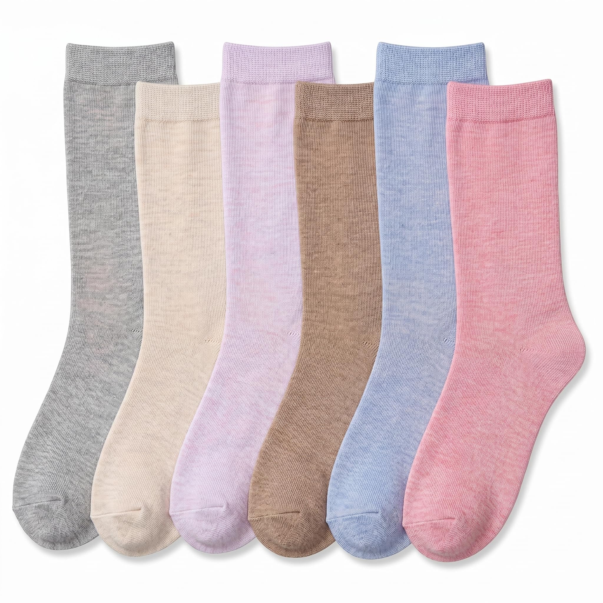 Six pairs of crew socks in different soft colors, arranged side by side on a white background. The colors are heather gray, cream, light lavender, tan, light blue, and dusty pink.