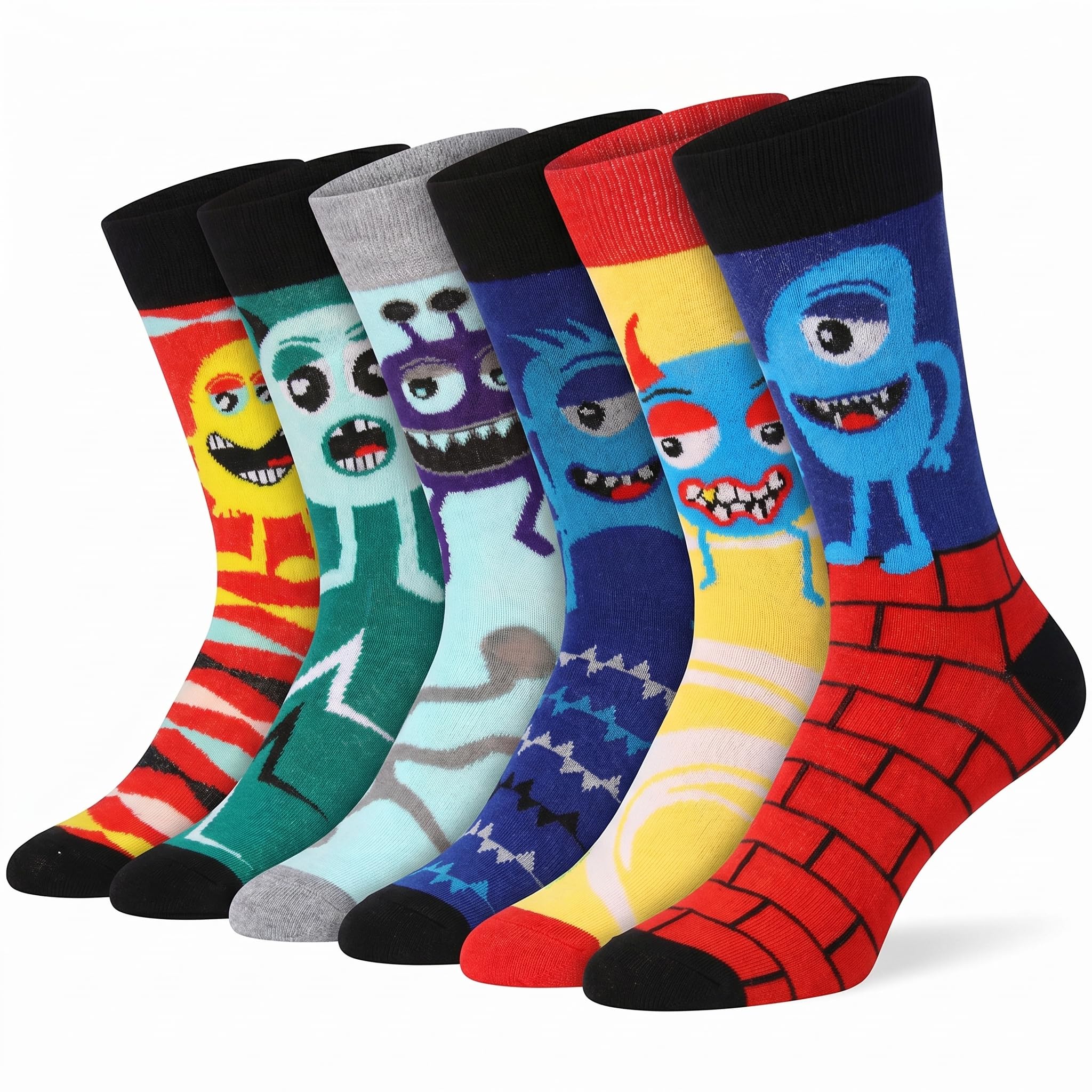 Six pairs of crew socks with colorful cartoon monster designs, arranged in a fan shape on a white background.