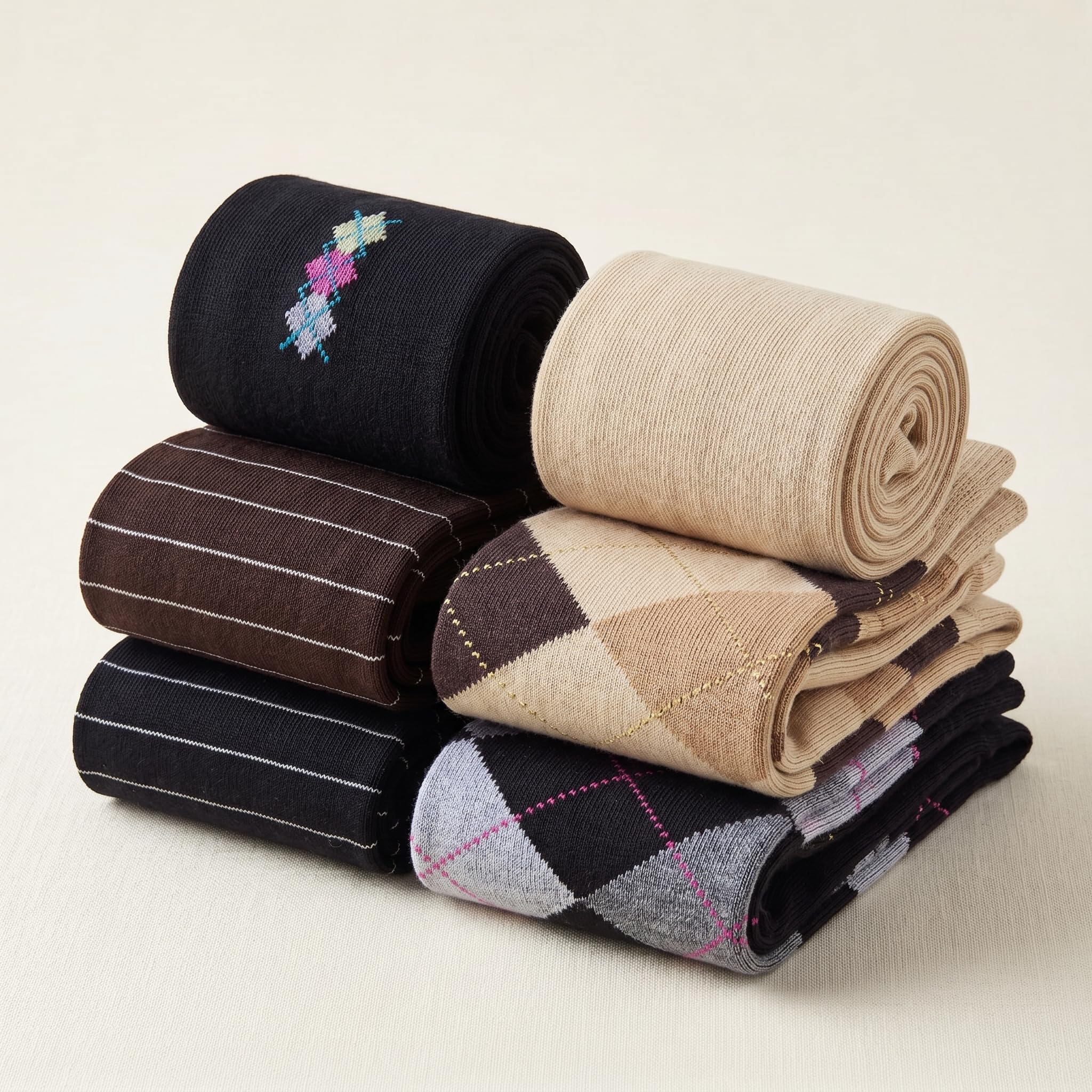 Six pairs of folded and rolled knit socks in various patterns and colors, including solid beige, black with colorful embroidery, brown with white stripes, and argyle designs, arranged on a light beige background.