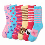Six pairs of fuzzy novelty socks arranged in a fan shape on a white background. The socks feature various patterns and cartoon designs including polka dots, stripes, animal faces, and animal prints in pink, blue, red, yellow, and brown.