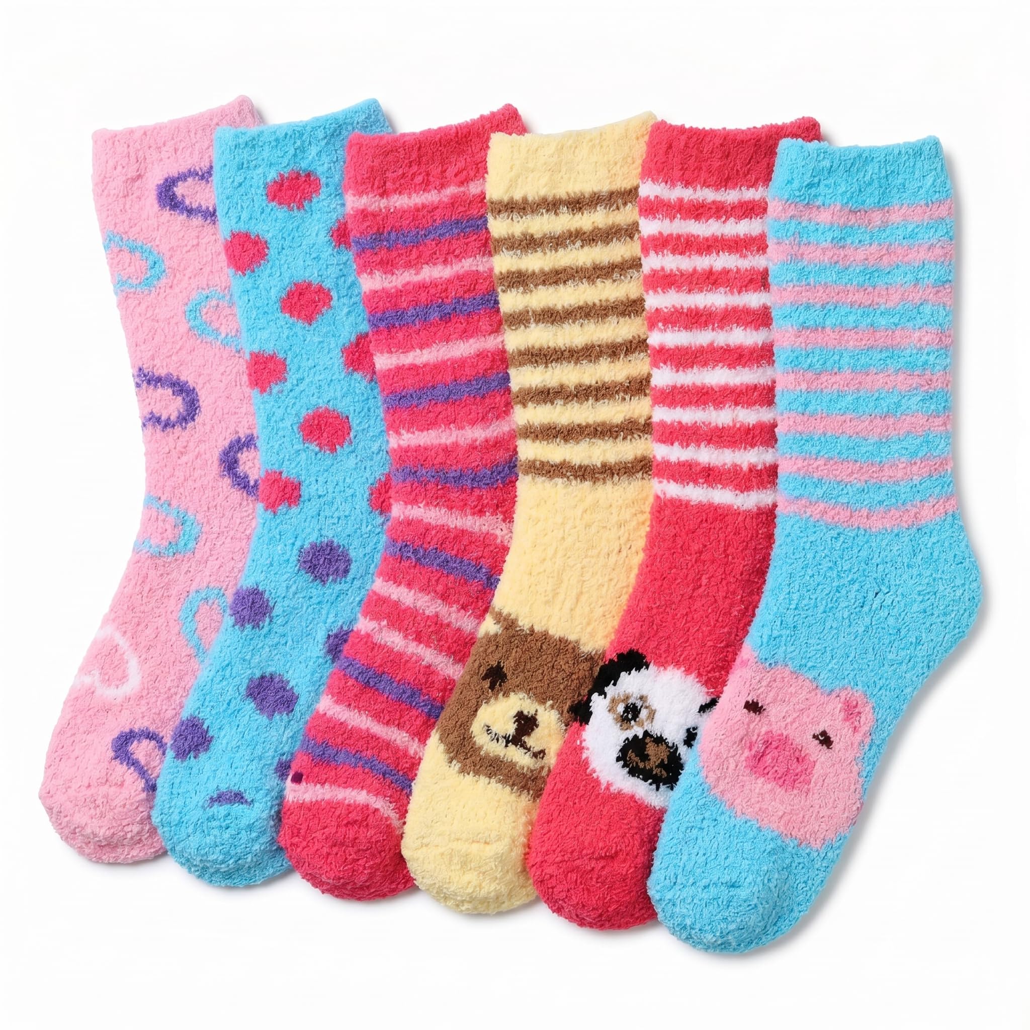 Six pairs of fuzzy novelty socks arranged in a fan shape on a white background. The socks feature various patterns and cartoon designs including polka dots, stripes, animal faces, and animal prints in pink, blue, red, yellow, and brown.
