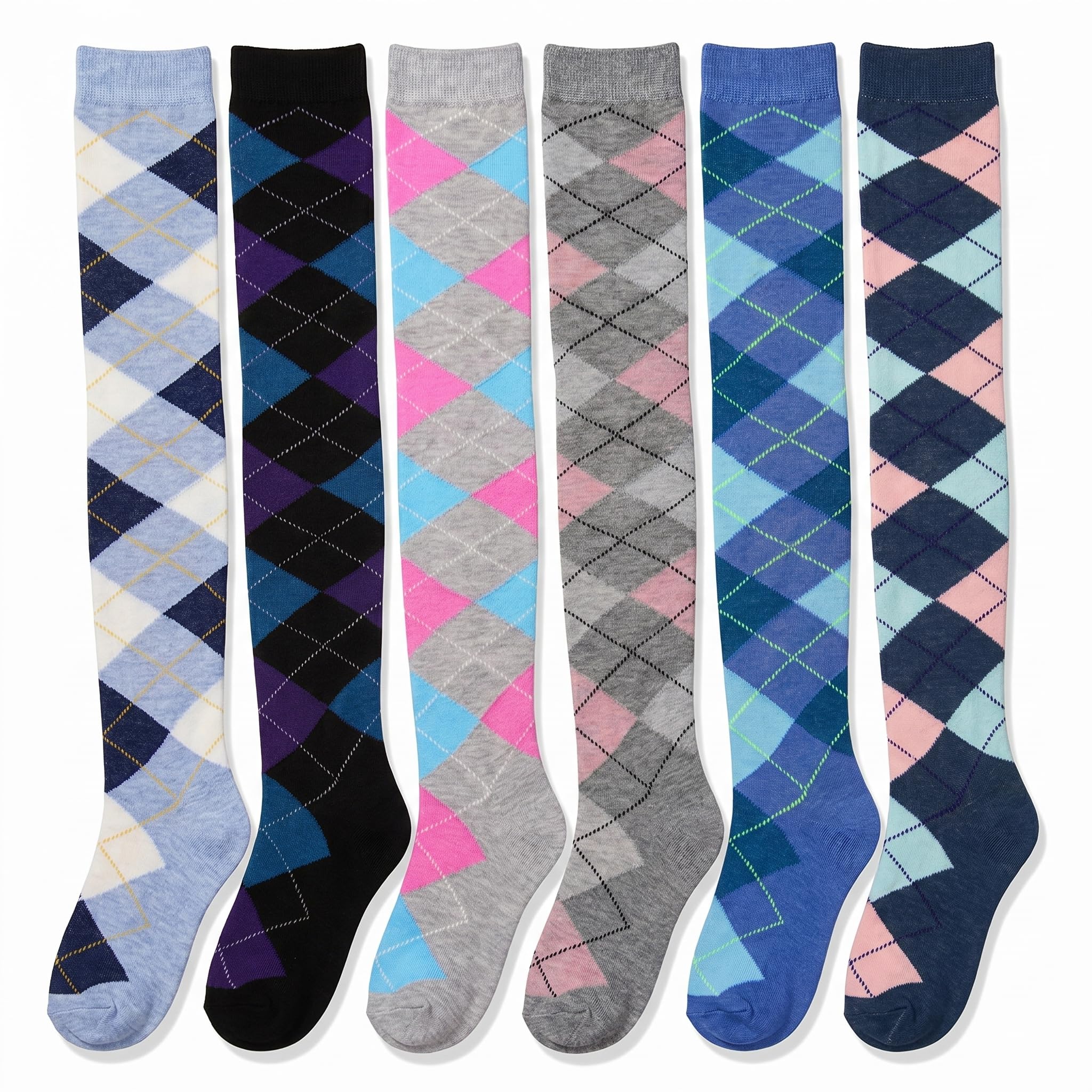 Six pairs of knee-high argyle socks displayed side-by-side against a white background, featuring various color combinations including blue, pink, gray, black, and navy.