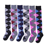 Six pairs of knee-high argyle socks displayed side-by-side on a plain white background. The socks feature various color combinations including black, gray, pink, blue, red, and purple in an argyle pattern.