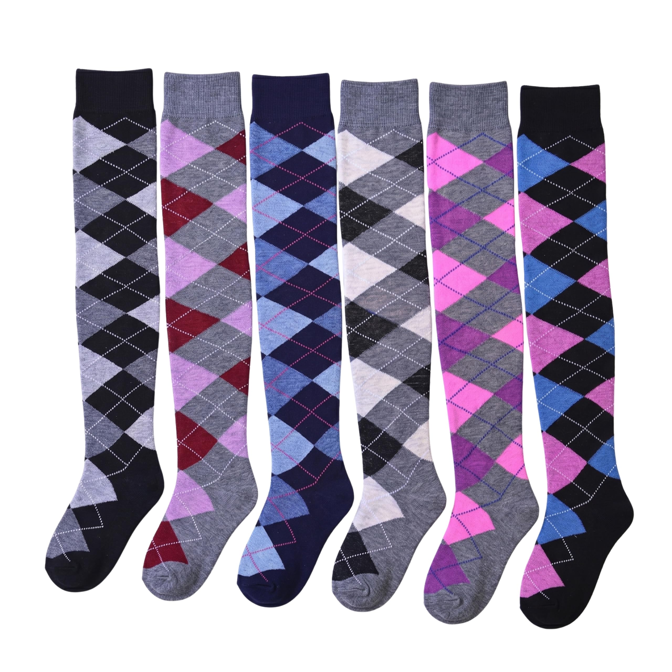 Six pairs of knee-high argyle socks displayed side-by-side on a plain white background. The socks feature various color combinations including black, gray, pink, blue, red, and purple in an argyle pattern.