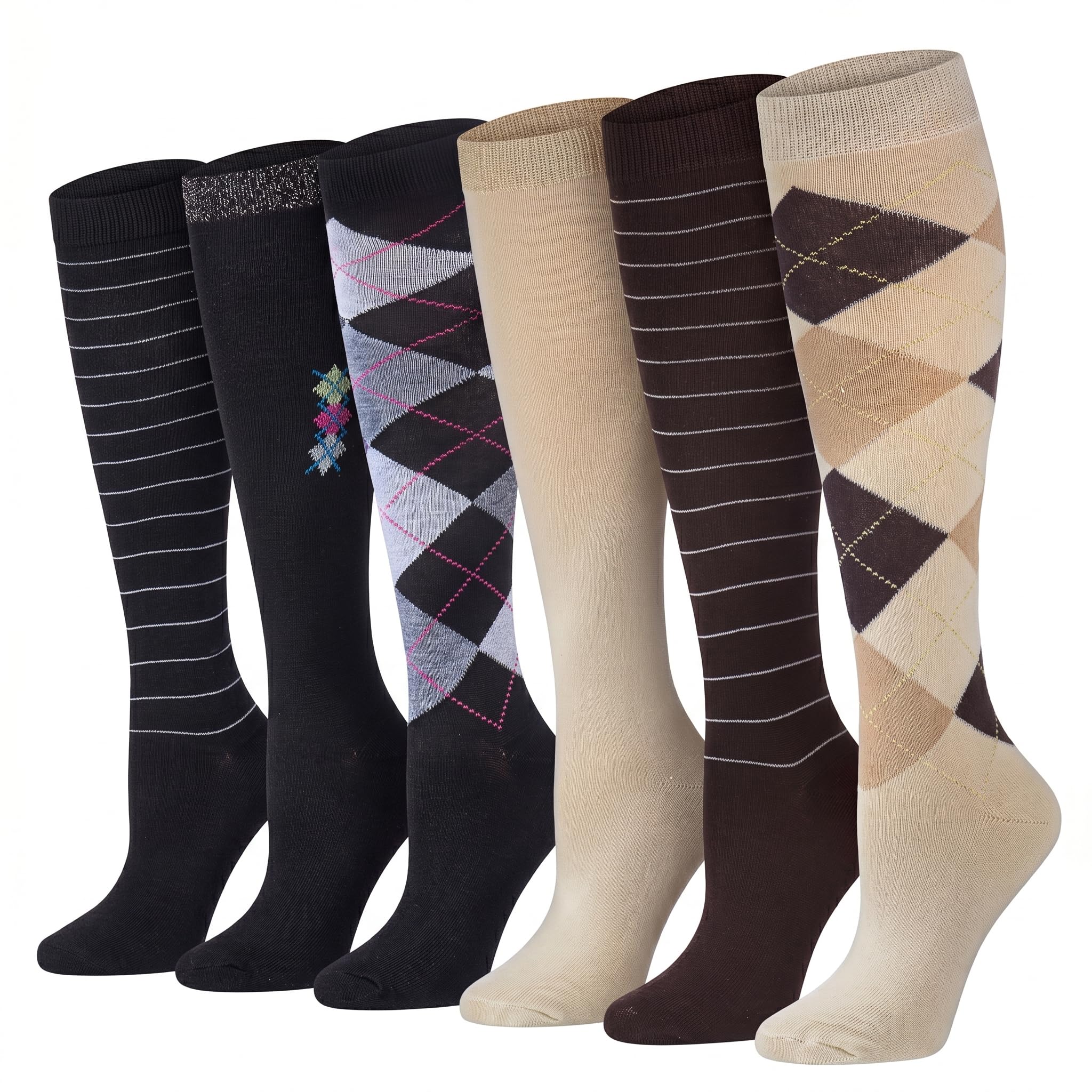 Six pairs of knee-high dress socks arranged in a row on a white background, featuring different patterns and colors including solid black, dark brown, light beige, and argyle designs.