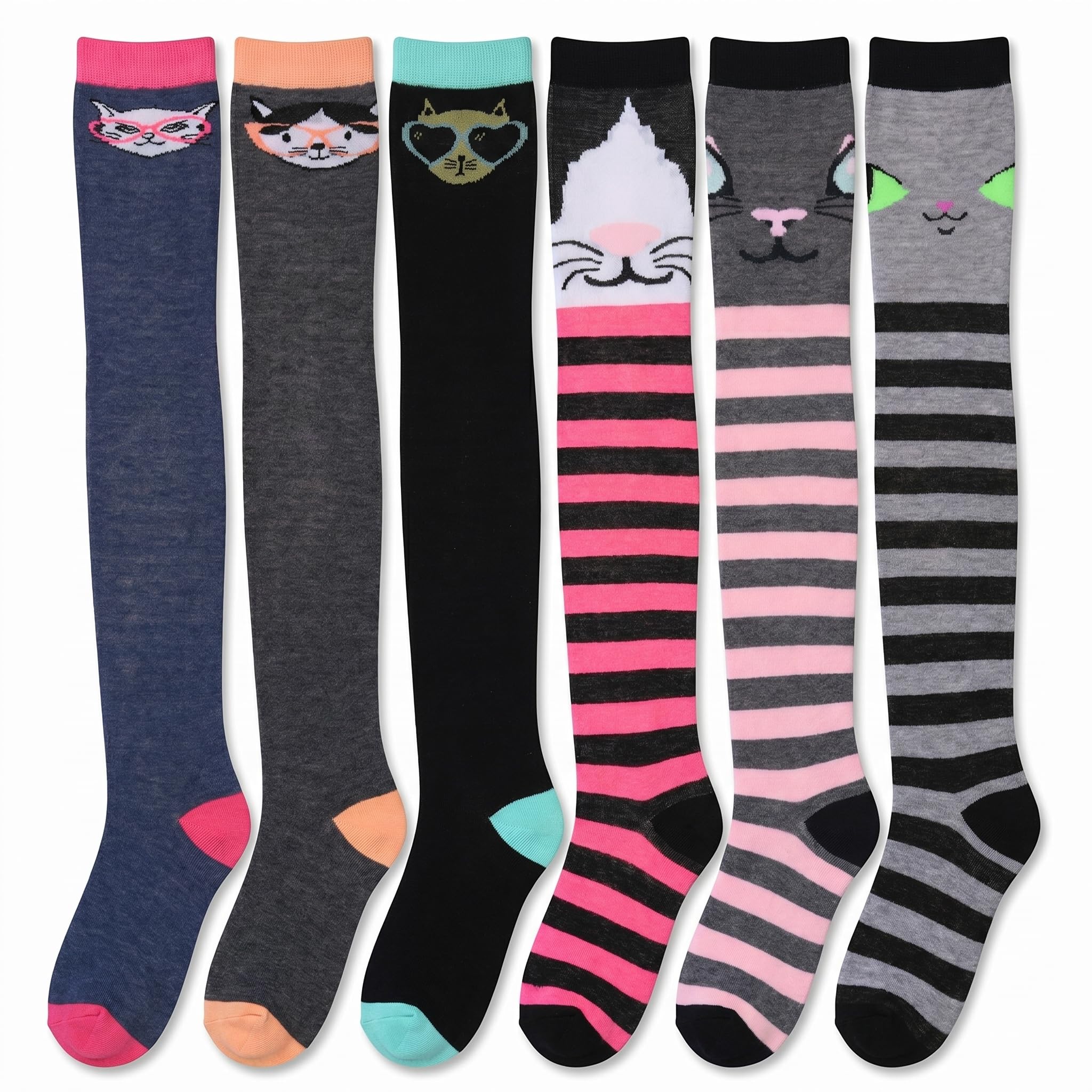 Six pairs of knee-high socks displayed side-by-side on invisible forms against a plain white background. Each pair features a different cartoon cat face design combined with various stripe and solid color patterns in pink, gray, black, blue, and teal.