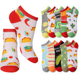 Six pairs of low-cut ankle socks with colorful cartoon food prints, including tacos, pizza, cactus, eggs, and chili peppers, shown on a plain white background.